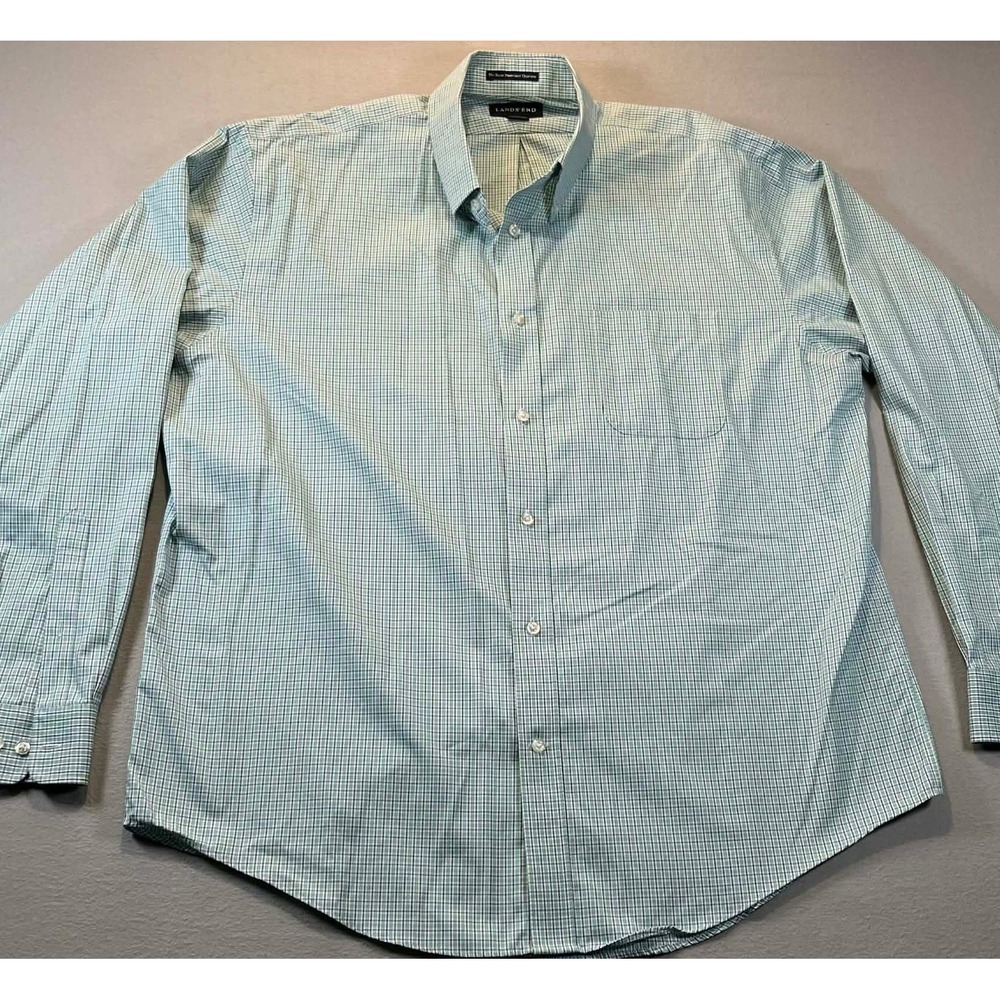 Lands End Mens XL No Iron Oxford Shirt Green Blue Check Button Down - Picture 3 of 11
